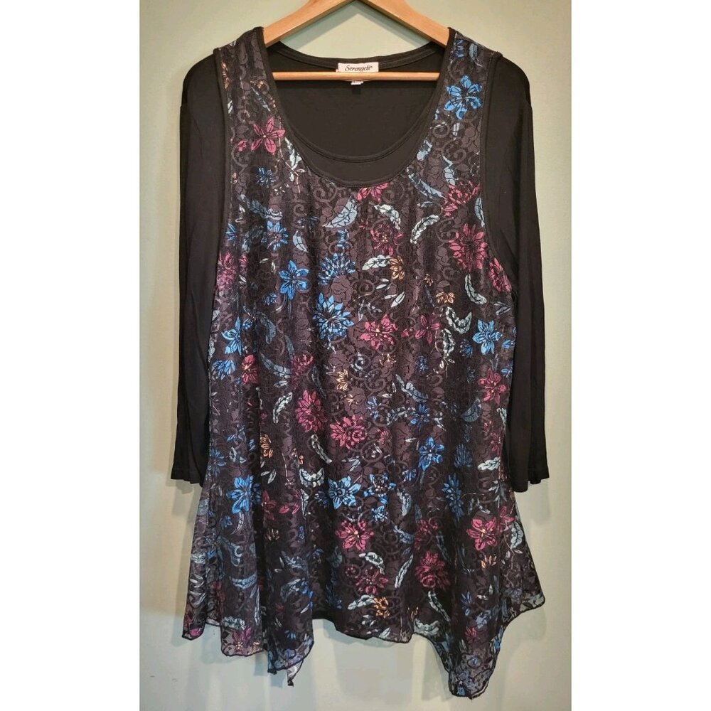 Serengeti 2pc Long Sleeve Dark Multicolor Floral Whimsigoth Tunic Top Sz XL
